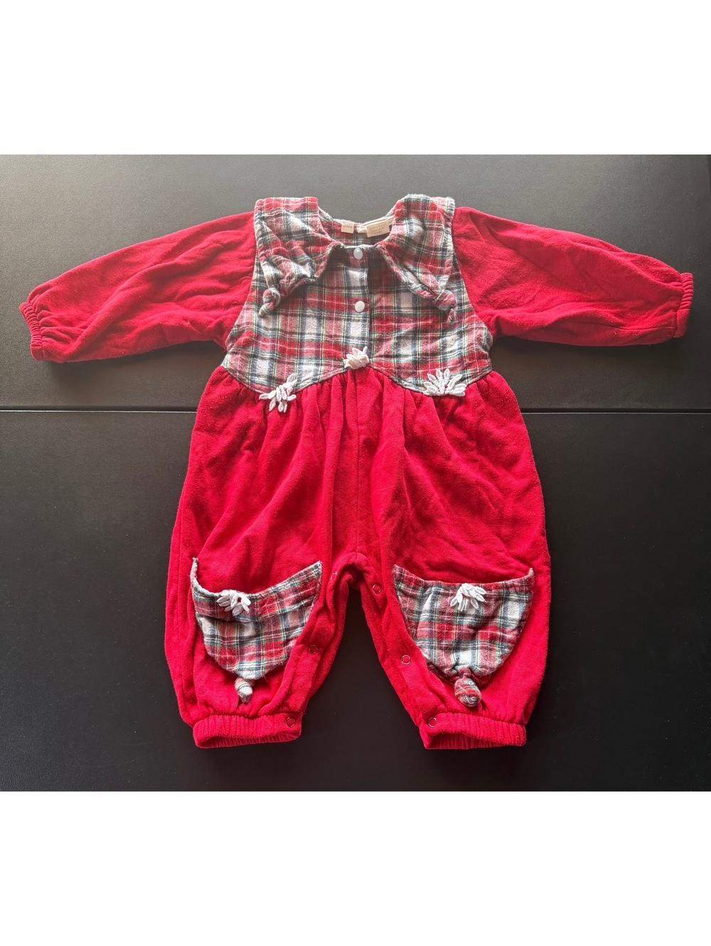 Vintage Teeter-Totter Baby 24M Red Velour Plaid Romper USA Made Christmas
